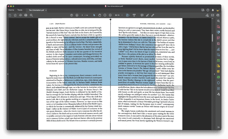 A screenshot of a PDF file that has been opened in Adobe Acrobat DC. There are two pages scanned from a book with lots of text. There is a blue rectangular selection over the pages, but no text has been selected