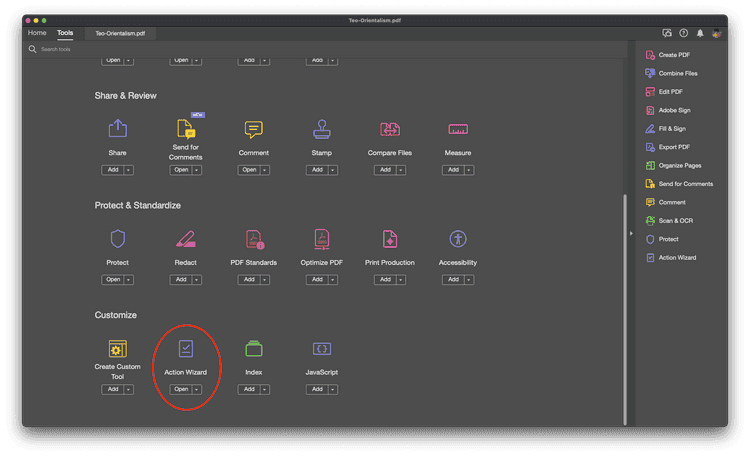A screenshot of Adobe Acrobat DC's Tools Menu. The Action Wizard has been circled in red