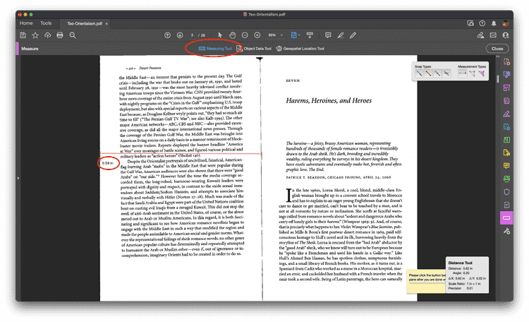 A screenshot of a PDF file that has been opened in Adobe Acrobat DC. There are two pages scanned from a book with lots of text. The Measure tool is active.