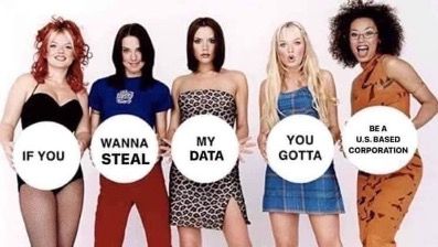 Photoshopped image of the Spice Girls, holding signs which now read 'If you wanna steal my data you gotta be a U.S. based corporation'