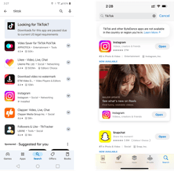Screenshots of the Google Play Store and Apple App Store searching for the TikTok app, and seeing an announcement explaining that the app is unavailable