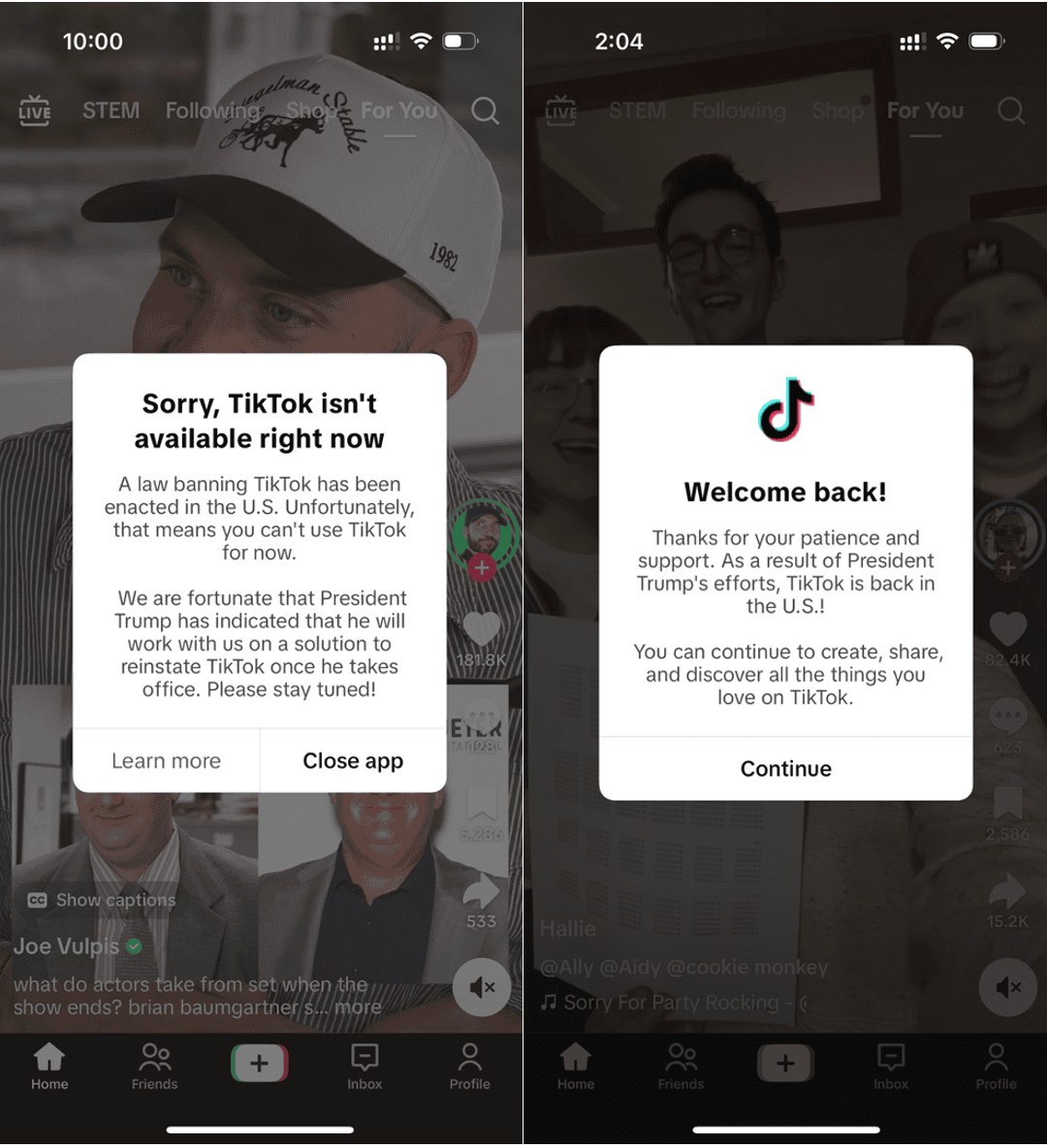 Screenshots of TikTok announcements thanking Trump for reinstating the app